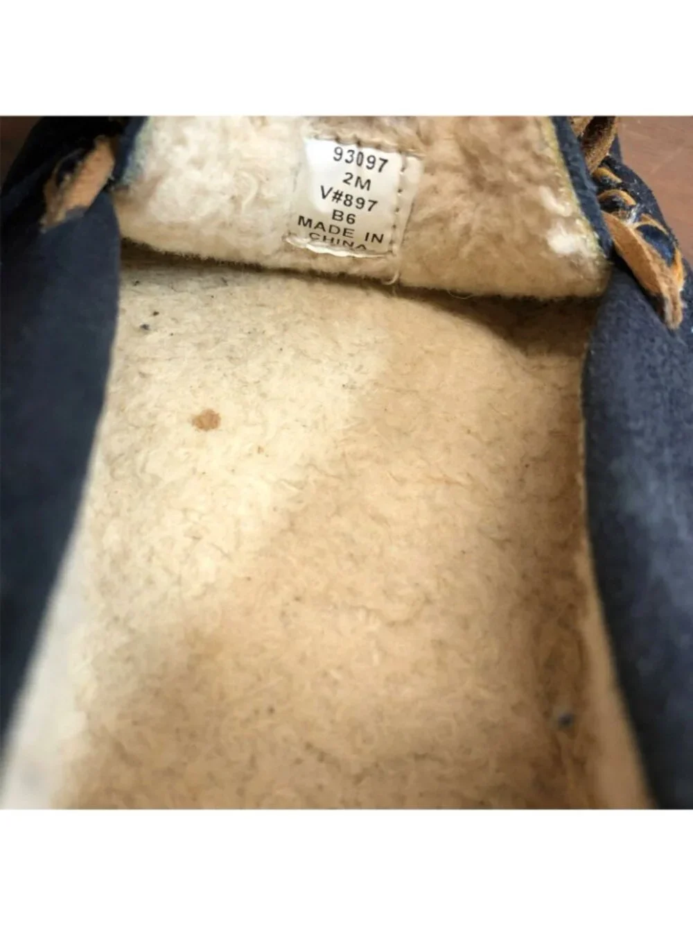 Lands End Moccasin Slippers Boys 2M Tan Navy Blue Suede Leather Faux Fur Lining